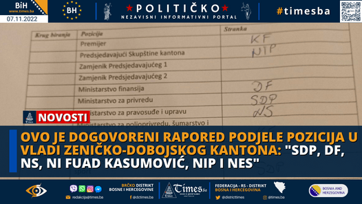 Ovo je dogovoreni rapored podjele pozicija u Vladi Zeničko-dobojskog kantona: “SDP, DF, NS, NI Fuad Kasumović, NiP i NES”