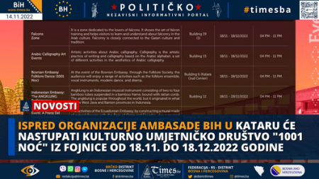Ispred organizacije Ambasade BiH u Kataru će nastupati Kulturno umjetničko društvo “1001 Noć” iz Fojnice od 18.11. do 18.12.2022 godine