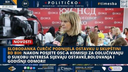 SLOBODANKA ĆURČIĆ PODNIJELA OSTAVKU U SKUPŠTINI BD BIH: Nakon posjete OSCE-a BiH Komisiji za odlučivanje o sukobu interesa sijevaju ostavke,bolovanja i godišnji odmori!