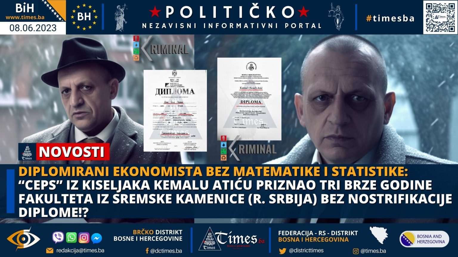 DIPLOMIRANI EKONOMISTA BEZ MATEMATIKE I STATISTIKE: “CEPS” iz Kiseljaka Kemalu Atiću priznao tri  brze godine fakulteta iz Sremske Kamenice (R. Srbija) bez nostrifikacije diplome!?