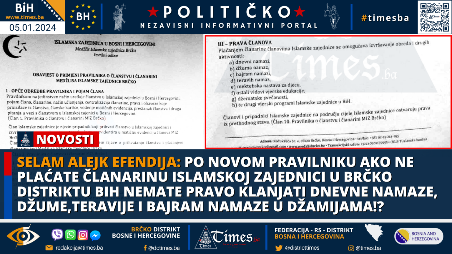 SELAM ALEJK EFENDIJA: Po novom Pravilniku ako ne plaćate članarinu Islamskoj zajednici u Brčko distriktu BiH nemate pravo klanjati dnevne namaze, džume,teravije i bajram namaze u džamijama!?