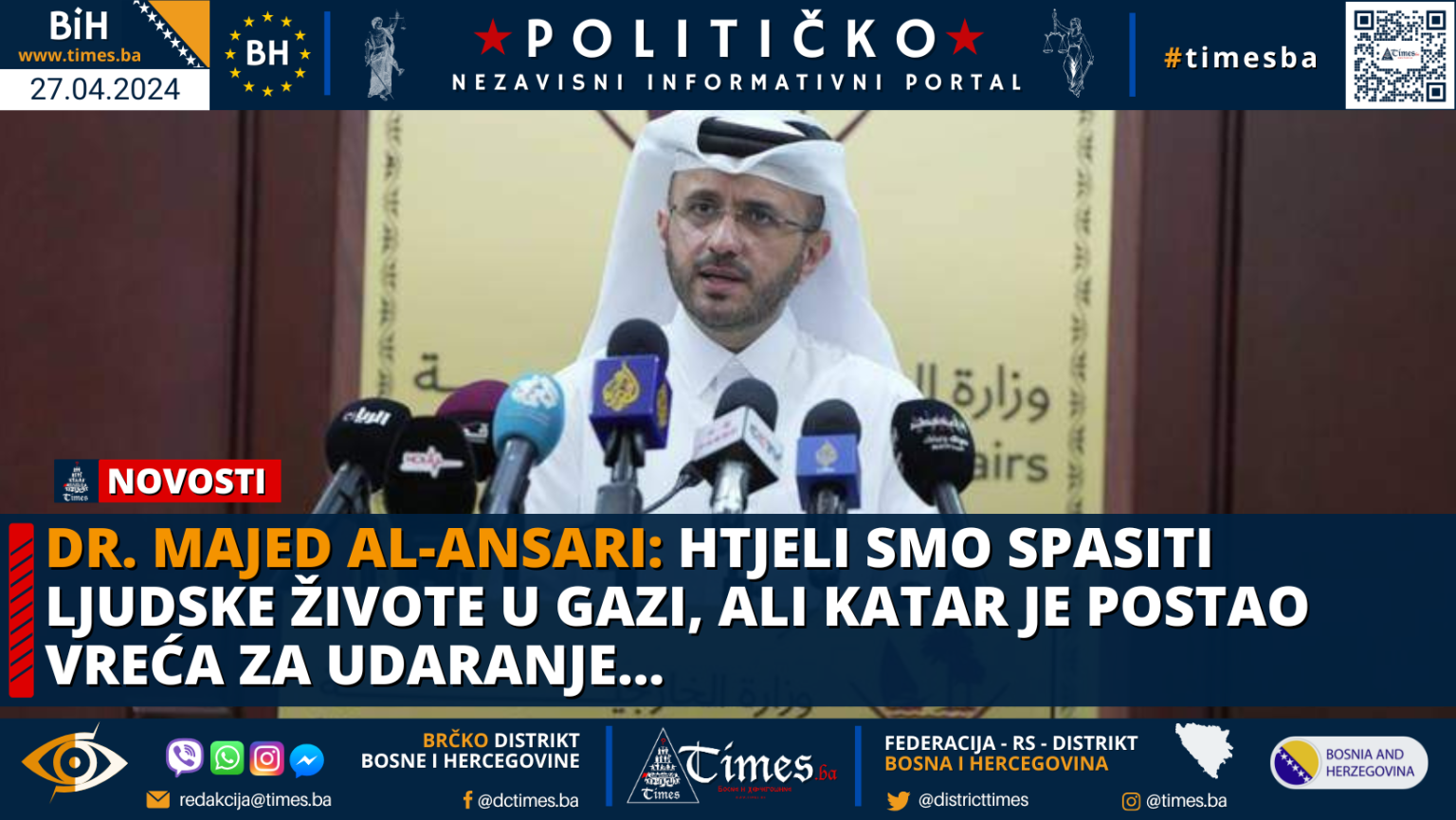 Dr. Majed Al-Ansari: Htjeli smo spasiti ljudske živote u Gazi, ali Katar je postao vreća za udaranje…