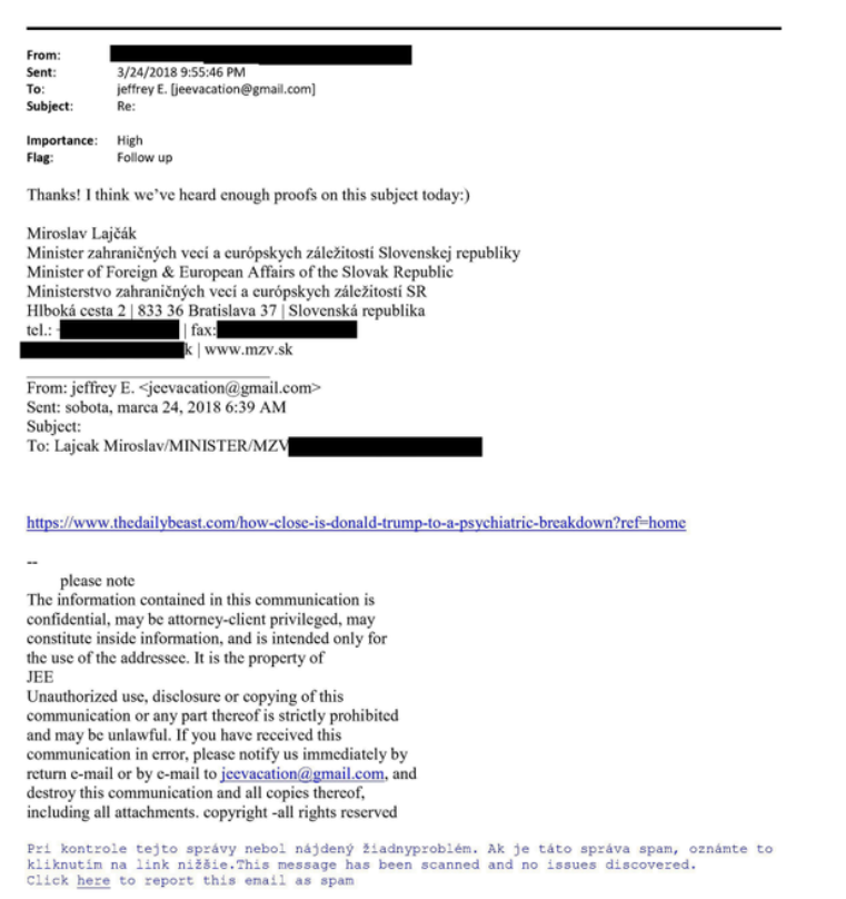 Objavljeni mailovi: Bivši visoki predstavnik Miroslav Lajčak 2018. godine komunicirao sa pedofilom Jeffryjem Epsteinom koji ga opisuje kao prijatelja Objavljeni mailovi: Bivši visoki predstavnik Miroslav Lajčak 2018. godine komunicirao sa pedofilom Jeffryjem Epsteinom koji ga opisuje kao prijatelja