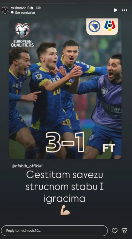Da li ste vidjeli objavu Zvjezdana Misimovića nakon pobjede BiH nad Rumunijom?