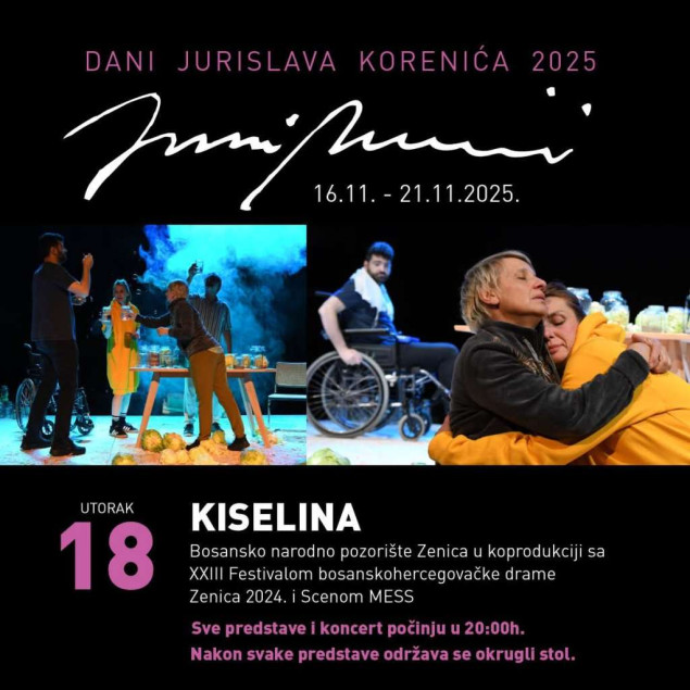 Predstava Kiselina večeras na programu Festivala Dani Jurislava Korenića Predstava Kiselina večeras na programu Festivala Dani Jurislava Korenića