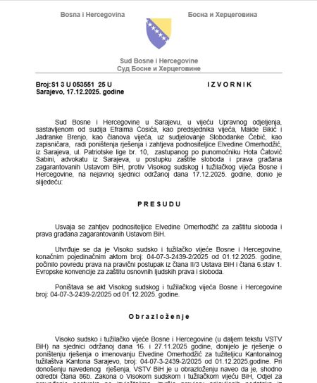 Sud Bosne i Hercegovine presudio: VSTV bez dvostepene procedure ne može oduzimati mandate sudijama i tužiocima koji nisu prošli provjere imovine!