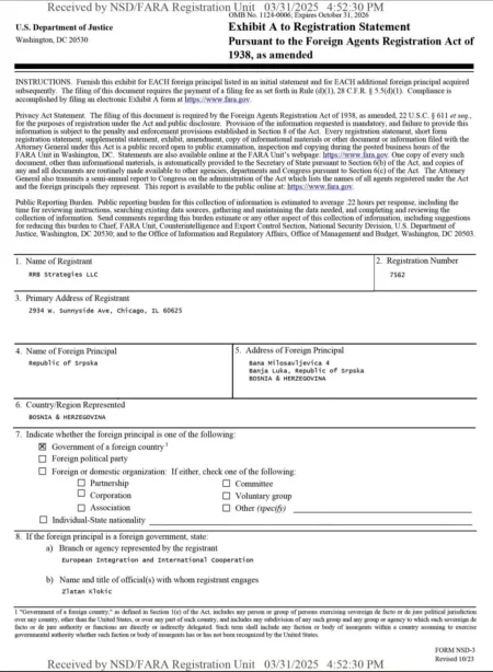 Oslobođenje ekskluzivno: Pogledajte još jedan lobistički ugovor Dodikovog režima