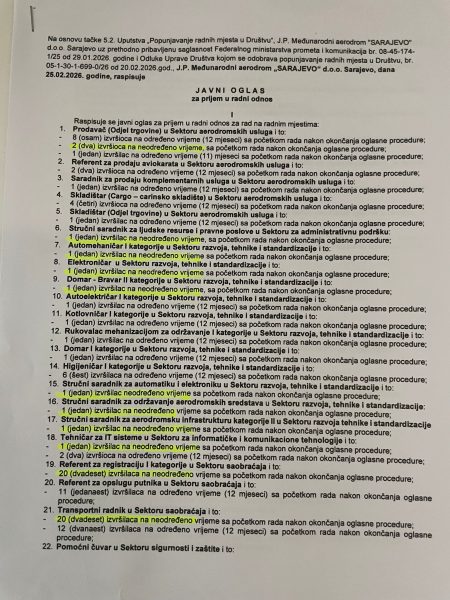 Nakon upisa u sudski registar: Uprava Aerodroma Sarajevo raspisuje konkurs za 154 radnika po instrukcijama Trojke i HDZ-a