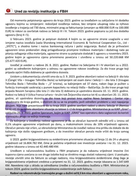 Federalni revizori 2023. godine konstatovali: Zbog problema sa napajanjem strujom upotrebna dozvola za dio tramvajske pruge na pravcu iz kojeg je došao tramvaj koji je iskočio iz šina nije (bila) izdata