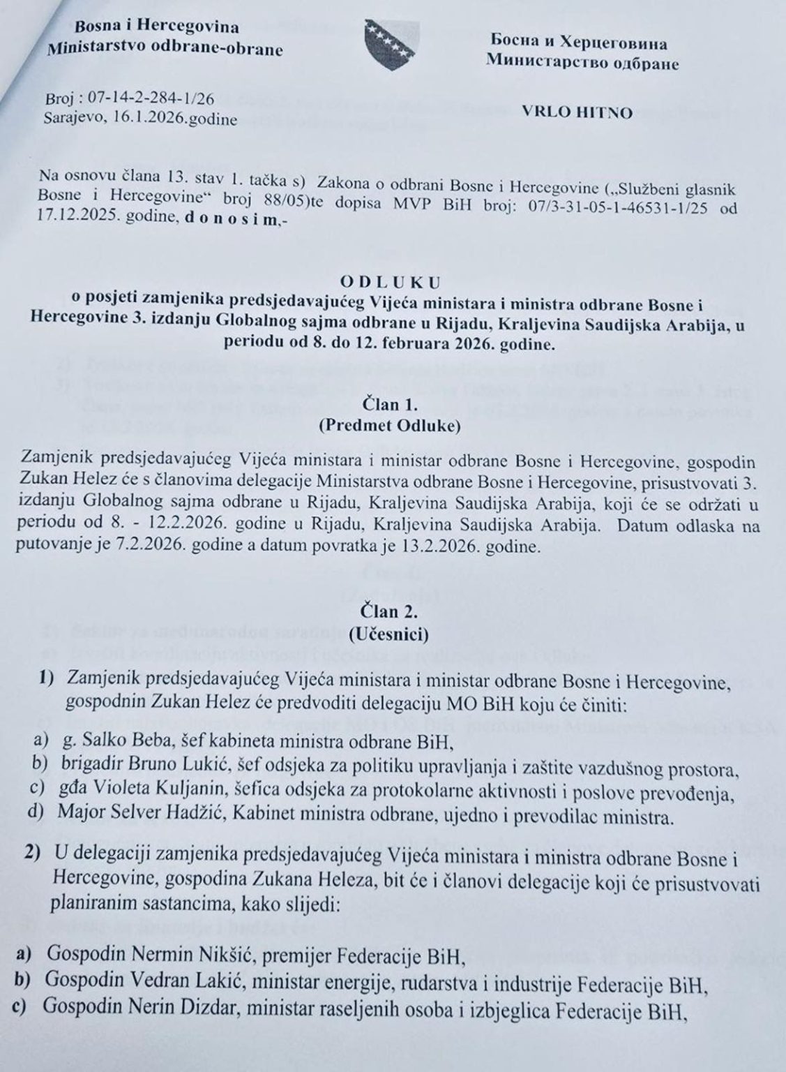 Zukan Helez odredio bh. delegaciju za sajam u Rijadu: Bosnu i Hercegovinu u Saudijskoj Arabiji će predstavljati i supruge Nermina Nikšića i Nerina Dizdara