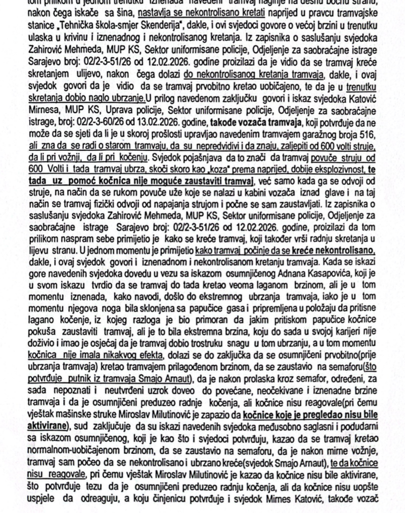 Objavljujemo Rješenje Kantonalnog suda u Sarajevu: Nalazi vještaka u slučaju tramvaj u koliziji sa iskazima svjedoka, ali i sa samim sobom. Vještaci i tužilac pokušali svu odgovornost prebaciti na vozača Adnana Kasapovića!
