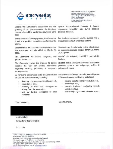 Dok Vlada FBiH odbija smjeniti Dževlana i Lasića: Turski Cengiz 21. marta zbog dugovanja obustavio radove na Koridoru Vc; Nikšić prije deset dana tvrdio da neće biti zastoja