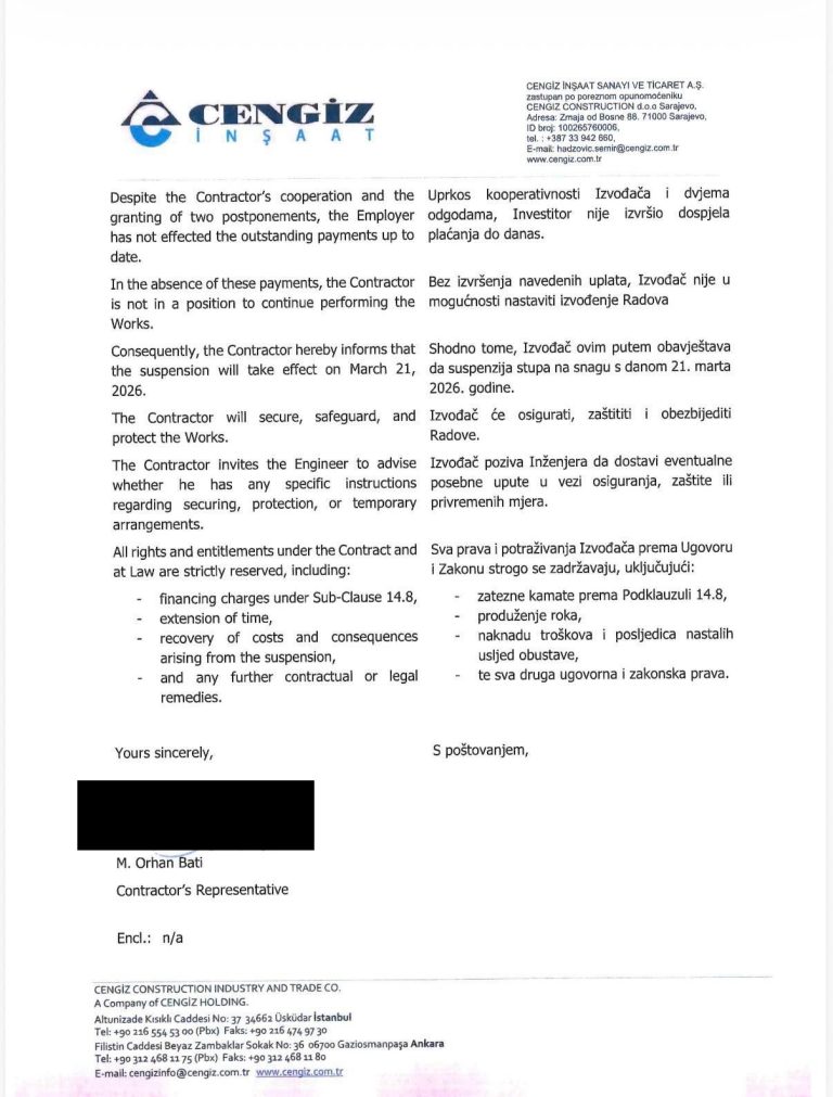 Dok Vlada FBiH odbija smjeniti Dževlana i Lasića: Turski Cengiz 21. marta zbog dugovanja obustavio radove na Koridoru Vc; Nikšić prije deset dana tvrdio da neće biti zastoja