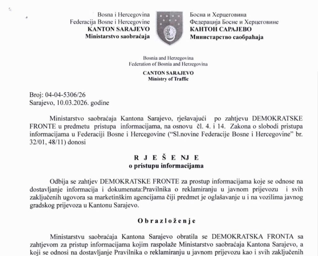 Transparentnost na Štetin način: Ministarstvo saobraćaja KS krije ugovor o reklamiranju na vozilima GRAS-a; tvrde da bi njegova objava mogla naštetiti privatnoj firmi iz Banje Luke?!