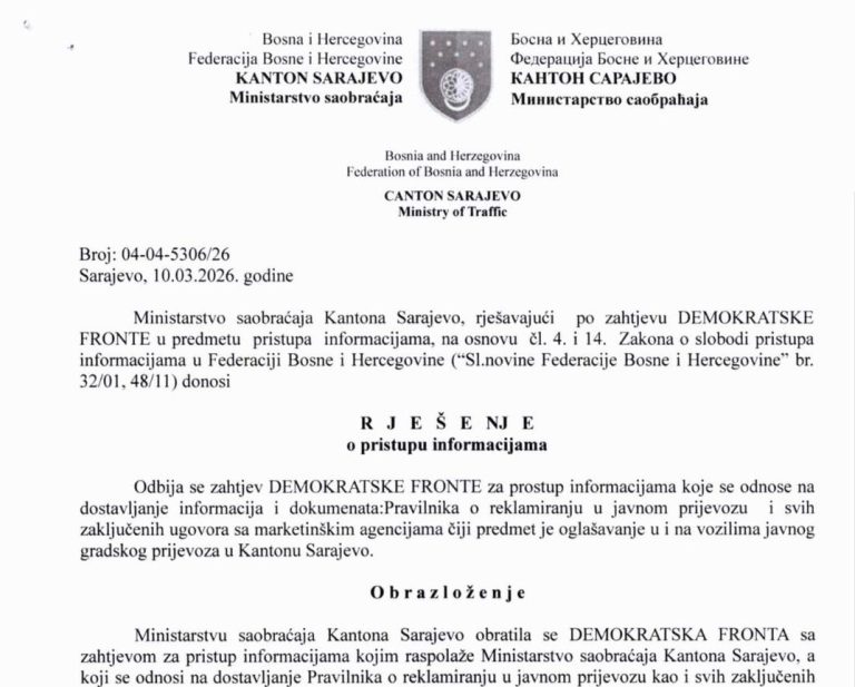 Transparentnost na Štetin način: Ministarstvo saobraćaja KS krije ugovor o reklamiranju na vozilima GRAS-a; tvrde da bi njegova objava mogla naštetiti privatnoj firmi iz Banje Luke?!