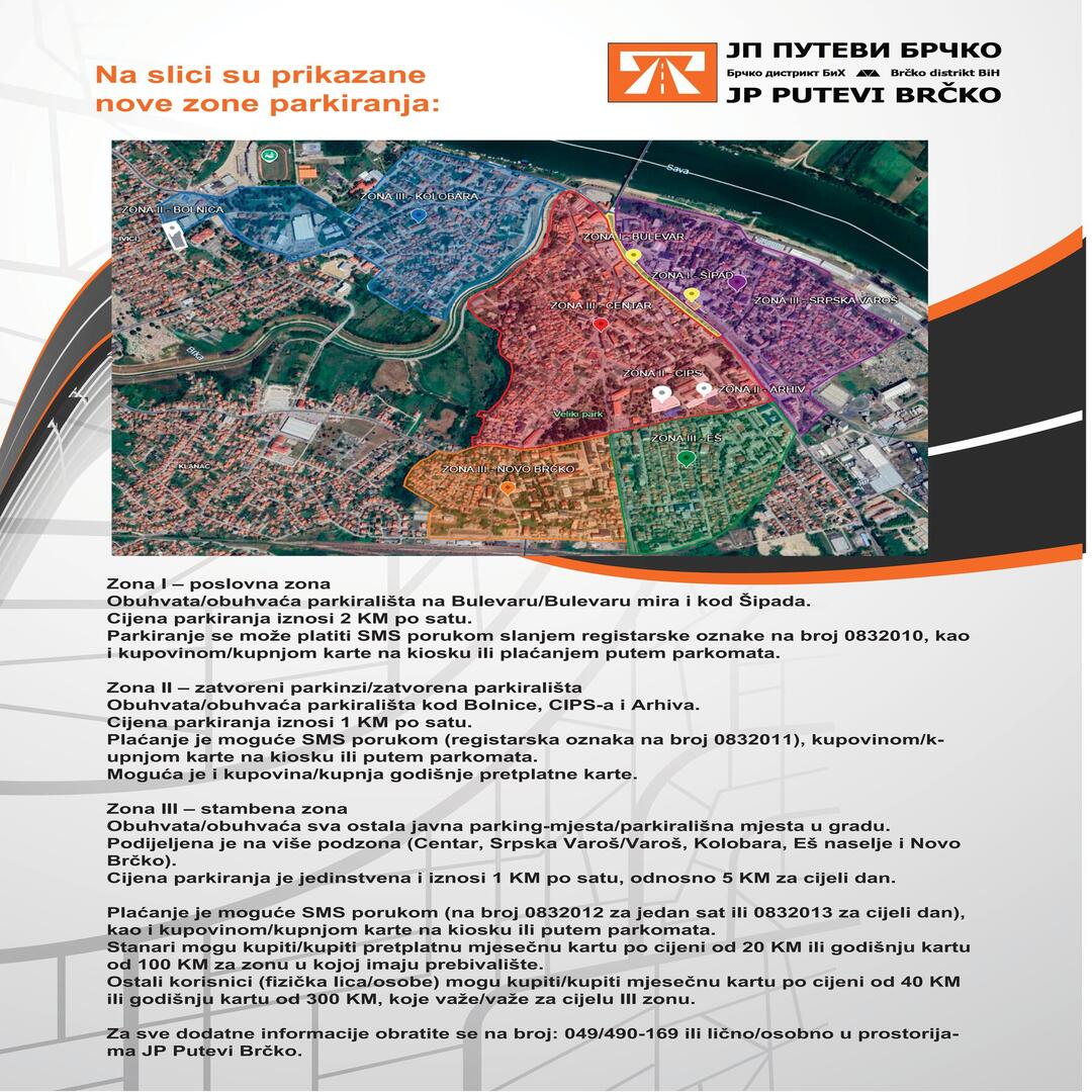 JP PUTEVI BRČKO: !OBAVJEŠTENJE!
Slika sa novim zonama parkiranja.
