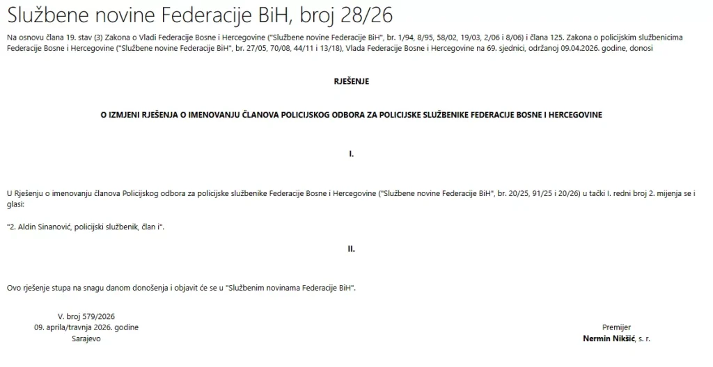 Dok POSKOK istražuje činovanja u FUP-u, Vlada FBiH u Policijski odbor imenovala Aldina Sinanovića!
