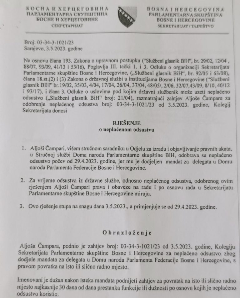 Dok obavljaju bolje plaćene funkcije: Aljoša Čampara punih 13 godina drži u pričuvi radno mjesto u Parlamentu BiH; Robert Vidović zamrznuo radni odnos 2018., a Ernest Imamović 2020. godine