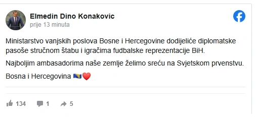Konaković: MVPBiH će dodijeliti diplomatske pasoše stručnom štabu i fudbalerima BiH Konaković: MVPBiH će dodijeliti diplomatske pasoše stručnom štabu i fudbalerima BiH