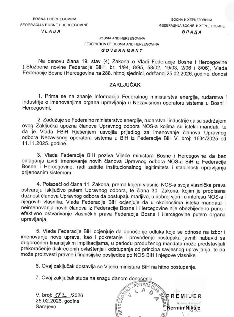 Kadrovi iz Elektroprivede Herceg-Bosne imaju prioritet: Vlada FBiH gura Marijanovića i Primorac u NOS uprkos direktnom sukobu interesa