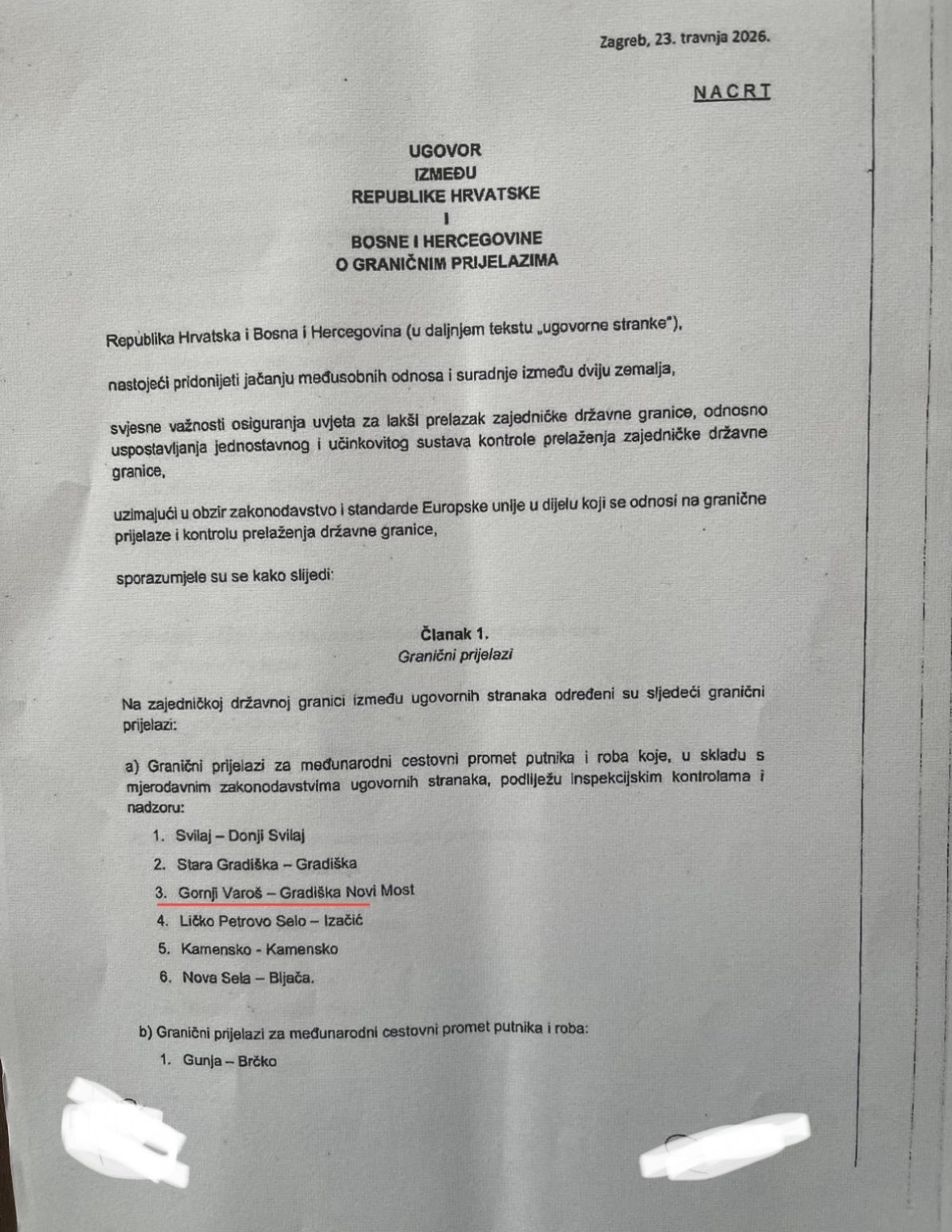 Legalizacija nezakonitog graničnog prijelaza: Konaković ujutro prijavio HDZ-ove i SNSD-ove kadrove zbog otvaranja Gradiške, a popodne s njima glasao da ovaj prijelaz bude dio sporazuma sa Hrvatskom!