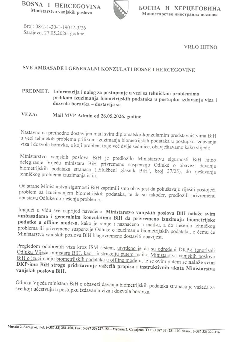 Biometrijski sistem se raspao usred sezone: MVP traži suspenziju odluke o uzimanju otisaka prstiju stranaca; turisti i brojne službene delegacije otkazuju posjete BiH