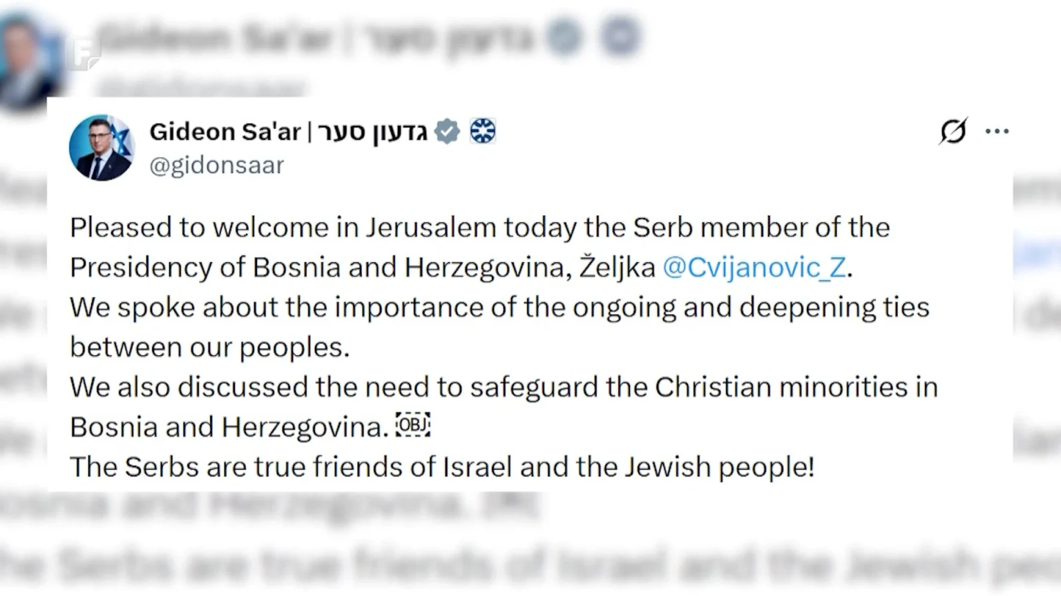 Cvijanović izraelskog ministra uvjeravala da u BiH postoje ugrožene hrišćanske zajednice, reagovala SDA