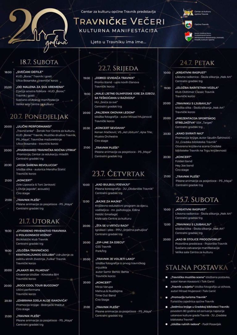 Jubilarno 20. izdanje Travničkih večeri od 18. do 25. srpnja