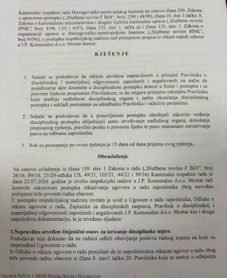 Inspekcija utvrdila nepravilnosti prilikom davanja otkaza radnicima mostarskog Komunalnog