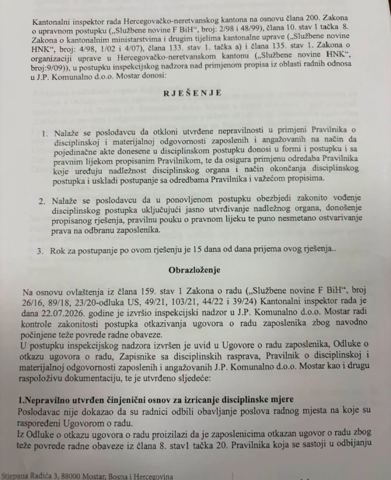 Inspekcija utvrdila nepravilnosti prilikom davanja otkaza radnicima mostarskog Komunalnog