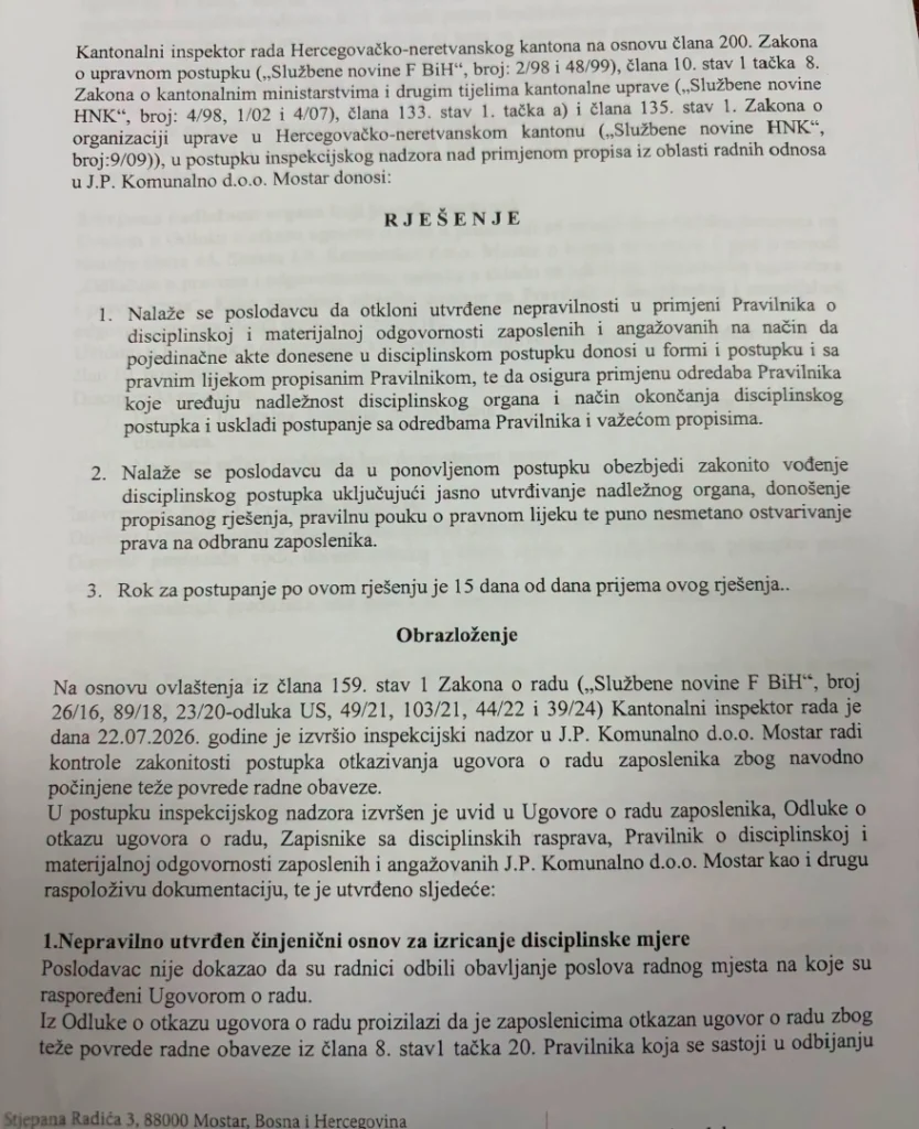 Inspekcija utvrdila nepravilnosti prilikom davanja otkaza radnicima mostarskog Komunalnog